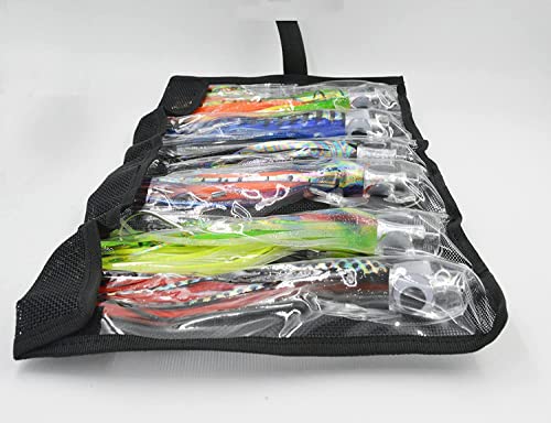 Fishing Lure Set of 6 Trolling Saltwater Skirted Lures: Rigged Lures and Black Bag Included. Catch Any Predatory Pelagic Fish in The Ocean Including Dolphin, Tuna, and Wahoo! - size: 9 inch