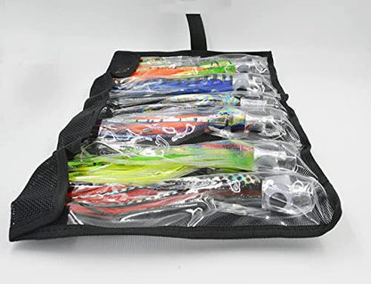 Fishing Lure Set of 6 Trolling Saltwater Skirted Lures: Rigged Lures and Black Bag Included. Catch Any Predatory Pelagic Fish in The Ocean Including Dolphin, Tuna, and Wahoo! - size: 9 inch