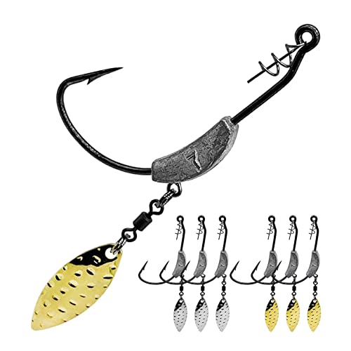 Weighted Swimbait Hooks, 6pcs Underspin Swimbait Hook with Twistlock, Weighted Crank Hooks with Gold/Silver Spinner Blades for Soft Fishing Lures - color: D(4/0#, 1/4oz, 6-pack)