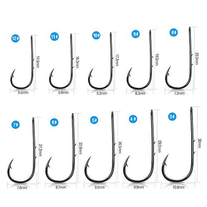 DONQL Bait Holder Hooks, 600Pcs Double Barbed Fishing Hooks 3#-12# Carp Single Fish Hook Kit Fly Fishing Accessories Carbon Steel Jig Sea Hooks for Live Bait Freshwater Saltwater (600PCS)