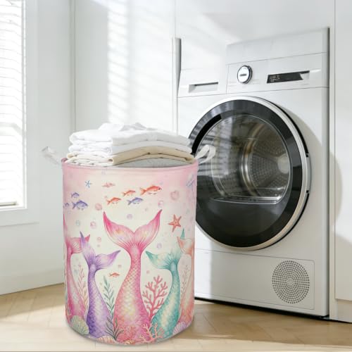 Pink Coastal Mermaid Laundry Basket Hamper,14.2"x14.2"x17.7" | Coastal Beach Mermaid Clothes Toys Books Waterproof Foldable Laundry Basket for for girls Kids Bedroom Bathroom Playroom - color: PINKMER