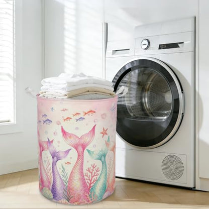 Pink Coastal Mermaid Laundry Basket Hamper,14.2"x14.2"x17.7" | Coastal Beach Mermaid Clothes Toys Books Waterproof Foldable Laundry Basket for for girls Kids Bedroom Bathroom Playroom - color: PINKMER