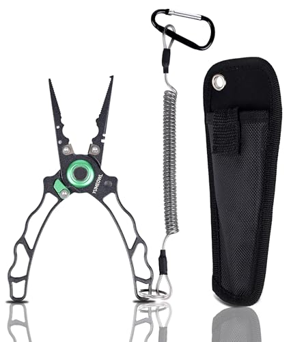 Fishing Pliers with Innovative Ergonomical Handle, Corrosion Saltwater Resistant,Fishing Multitool Hook Remover Braided Fishing Line Cutting, Split Ring with Coiled Lanyard and Sheath - color: Dark Gray-6.6"