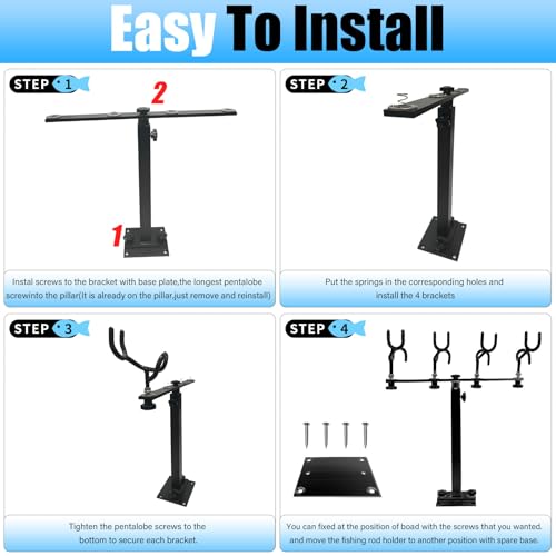 Fishing Rod Holder for Boat,Marine Fishing Pole Rack with The Function of Holding Four Fishing rods and 360 Degree Rotation & Adjustable Height,Includes mounting Plate. - color: Black