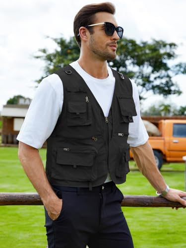 Gihuo Mens Fishing Vest Lightweight Utility Vests Cargo Outdoor Safari Travel Vest with Pockets - color: Black, size: Small