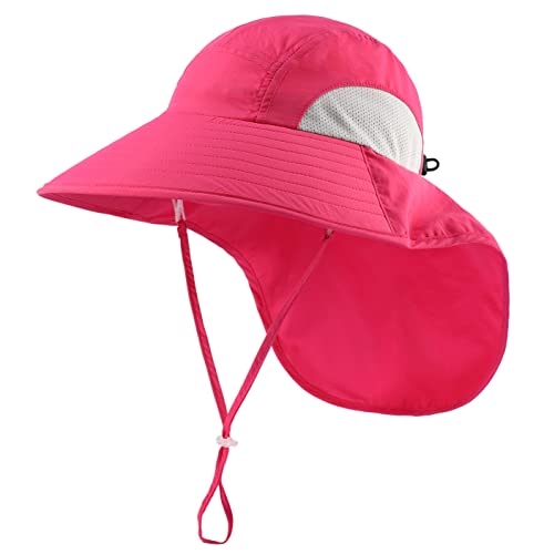 Connectyle Kids Large Brim UV Protection Sun Hat with Neck Flap Mesh Fishing Cap - color: Hot Pink