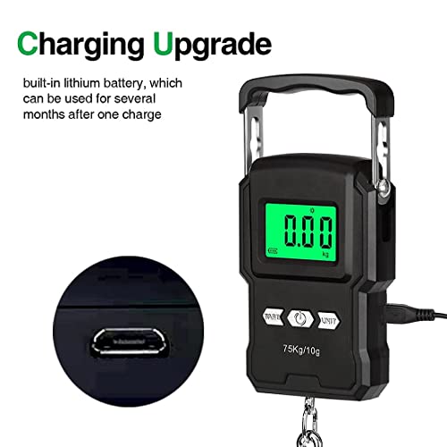 Bonano Fishing Scale with Built-in Lithium Battery and Tape Measure, Micro-USB Interface, Backlit LCD Display 165lb/75kg Hanging Scale Digital Weight. Men's Fishing Gift and Luggage Scale for Travel.