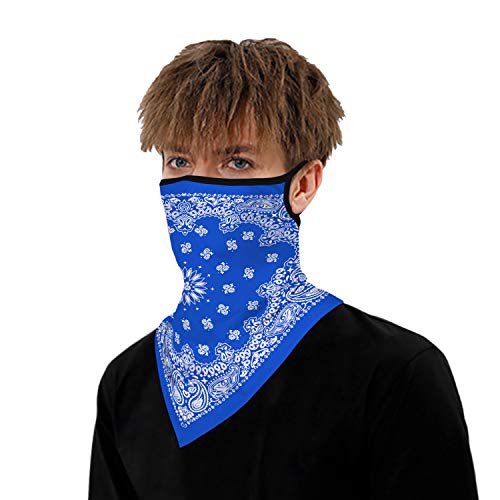 YAYOUREL Neck Gaiter Face Mask Bandanas for Men Women UV Face Scarf Cover Ear Loop Hole Facemask for Fishing Running Cycling - color: Blue White