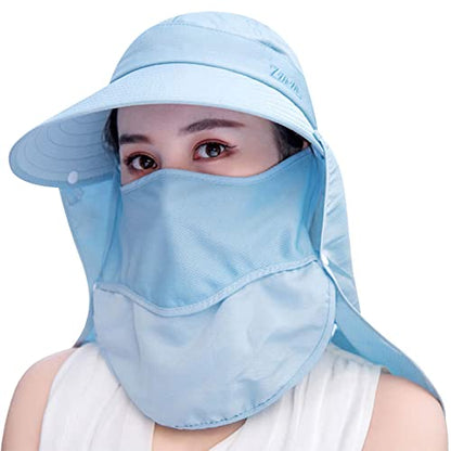 Women Wide Brim Face Mask Sun Hat Detachable Neck Face Flap Ponytail UV Protection Visor Hat Garden Fishing Hiking - color: A8-shun005-qianlan