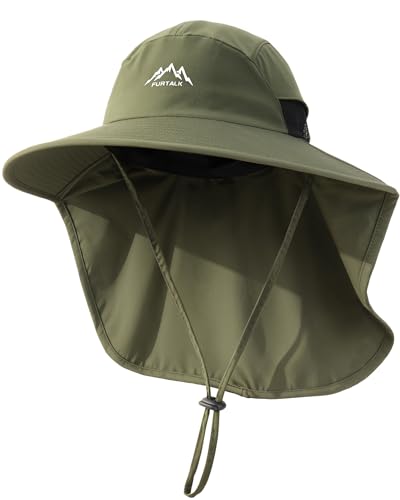 FURTALK Sun Hats for Men Women Fishing Hat with Neck Flap Chin Strap UPF 80+ Wide Brim Hiking Safari Summer Hats - color: Green
