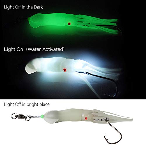 Dr.Fish Saltwater Squid Fishing Lures, 6" LED Lighted Lures 6/0 Hooks Squid Jig Rig Halibut Lincod Jig Offshore Trolling Baits Deep Drop Light Glow in Dark Mackerel Tuna Striper Lures - color: Green&White, size: 6/0 Circle Hook-6"(2.5oz)