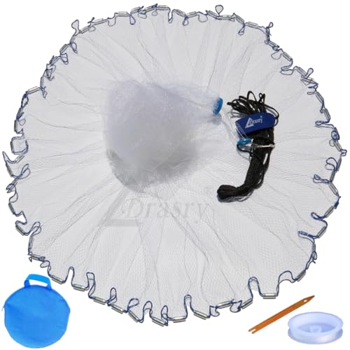 Drasry Saltwater American Fishing Cast Net 3/8inch Mesh Size for Bait Shrimp Trap Fish Heavy Duty Sinkers Throw Net 3FT/4FT/5FT/6FT/7FT/8FT/9FT/10FT Radius - color: White B, size: 7FT Radius, style: Mono -Zinc-iron-3/8" Mesh 0.66lb/Ft