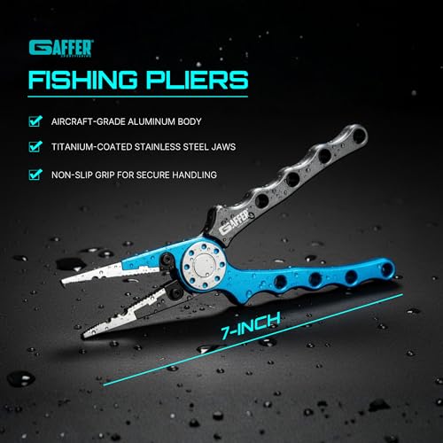 Gaffer Sportfishing Aluminum Fishing Pliers - Stainless Steel Titanium-Coated Jaws, Braided Line Cutters & Split Ring Tip - Non-Slip Grip, Nylon Sheath & Lanyard for Saltwater or Freshwater Use