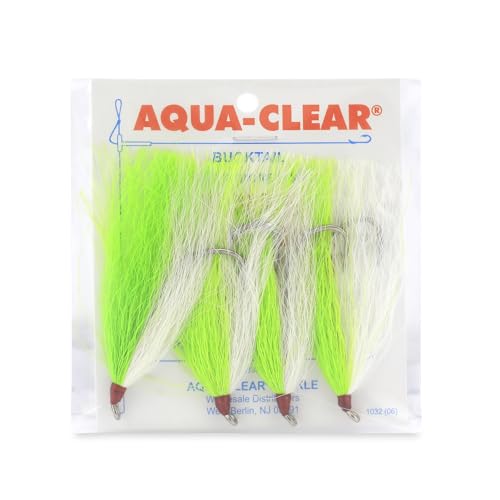 Aqua-Clear, Bucktail Jigs Saltwater Fishing Lures, Flounder Fluke Sea Trout Weakfish Croaker Rig, 3/0 XL Nickel Octopus Hook with White Hair - color: Chartreuse/White