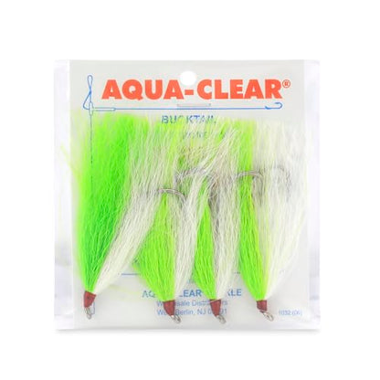 Aqua-Clear, Bucktail Jigs Saltwater Fishing Lures, Flounder Fluke Sea Trout Weakfish Croaker Rig, 3/0 XL Nickel Octopus Hook with White Hair - color: Chartreuse/White