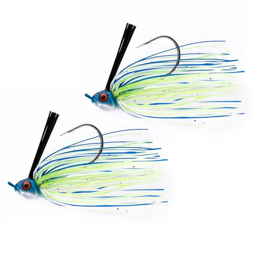 Dr.Fish 2 Pack Swim Jigs Weedless Bass Fishing Jigs Hook Lures with Reinforced Weed Guard Fish Head Swimbait Silicone Skirt Pike Walleye Muskie Freshwater Lures - color: Chartreuse/Blue Shad, size: 1/2oz