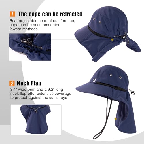 Oversized XL XXL Mens Sun Hat Big Head Neck Flap Shade Waterproof UPF50+ Wide Brim Hat Fishing Safari Hiking - color: Navy, size: X-Large-XX-Large