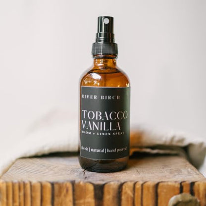 River Birch Luxury Linen and Room Spray - Tobacco Vanilla Home Signature Scent - Room Fragrance Spray - Fragrant Fresh Linen Air Freshener For Bedding - Handmade in Texas - 4 oz Glass Amber Bottle - color: Tobacco Vanilla