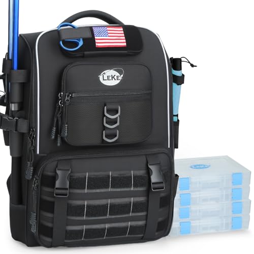 Lekesky Fishing Backpack with 4 Tackle Boxes, 40L Tackle Bag with Rod Holders, Tactical Storage Gear for Men, Black
