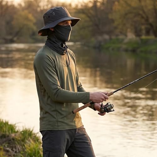 Fishing Hat with Summer Breathable Neck Gaiter, Wide Brim Sun Hat for Men & Women, Outdoor UV Sun Protection Hat & Face Mask - color: Black