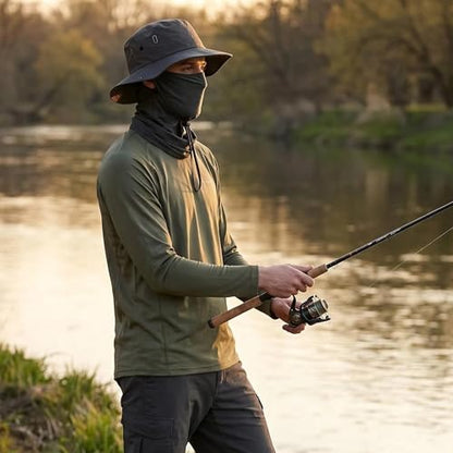 Fishing Hat with Summer Breathable Neck Gaiter, Wide Brim Sun Hat for Men & Women, Outdoor UV Sun Protection Hat & Face Mask - color: Black