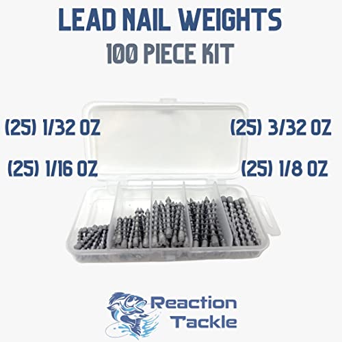 Reaction Tackle Nail Weights for Bass Fishing - Insert Pencil Sinkers for Wacky Rig, Neko Rig and Soft Plastic Lures - Freshwater and Saltwater - 25-Pack - size: Variety Pack: 1/32, 1/16, 3/32, 1/8 Oz (100 Piece)