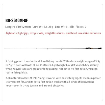 PURELURE Sharpen Fishing Rod 6'5''-9'2'' Spinning & Casting Rod L/ML/M/MH/H | M40JB+T1100G Carbon Fiber Blank, XF/MF Action Fishing Pole 2 Piece, Carbon Reel Seat Cork and EVA Handle, Fuji Guides - style: Spinning: S610m-xf-2pcs