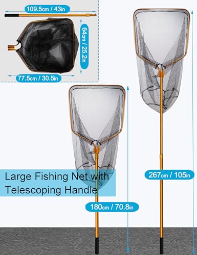 Extra Large Saltwater Fishing Net - 70.8"-105" Heavy Duty Telescopic Aluminum Handle, 37" Deep Snag-Free Rubber Mesh for Big Catfish Bass, Kayak Fishing Net with Carrying Bag