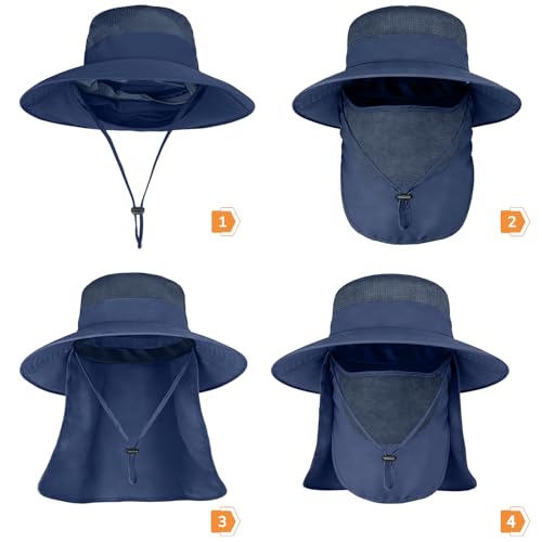 Sun Hats for Men Women Fishing Hat UPF 50+ Breathable Wide Brim Bucket Hats Summer UV Protection Safari Hat with Neck Flap - color: Navy Blue (With Face Cover)