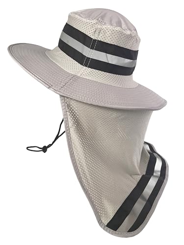 Men's Wide Brim Boonie Bucket Sun Hat with Neck Flap, High Visibility Reflective Stripes, UV Protection - color: Light Grey