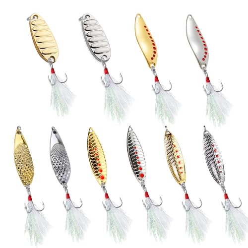 Fishing Lures 10pcs Spoon Spinner Baits FS/YE-09 | with Rooster Tail Treble Hook,Zinc Alloy Fishing Spoons,for Bass Trout Pike Walleye Salmon, Freshwater Saltwater - size: 2.17'',0.71oz