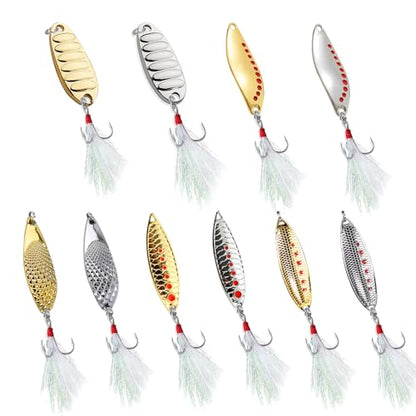 Fishing Lures 10pcs Spoon Spinner Baits FS/YE-09 | with Rooster Tail Treble Hook,Zinc Alloy Fishing Spoons,for Bass Trout Pike Walleye Salmon, Freshwater Saltwater - size: 2.17'',0.71oz
