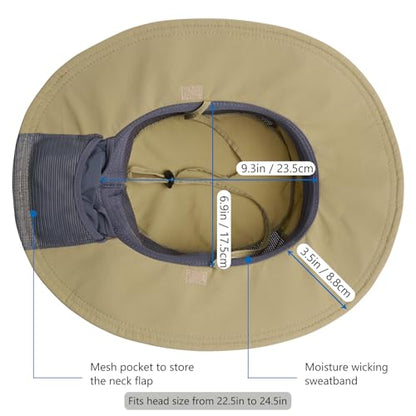 BASSDASH UPF 50+ Sun Fishing Hat Water Resistant with Detachable Neck Flap - color: Dark Khaki - Big Head Size