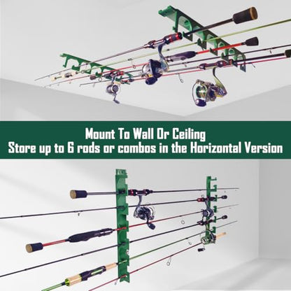 Aventik Horizontal Fishing Rod Holder for Garage Wall or Ceiling Mounted Fishing Pole Holder Holds 6 Rods or Combos, Fishing Rod Rack for Wall, Fishing Rod Storage Organizer (Green) - style: Green