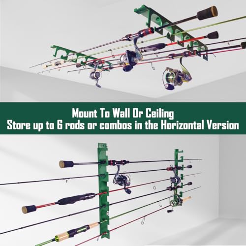 Aventik Horizontal Fishing Rod Holder for Garage Wall or Ceiling Mounted Fishing Pole Holder Holds 6 Rods or Combos, Fishing Rod Rack for Wall, Fishing Rod Storage Organizer (2 Pack Green) - style: 2 Pack Green
