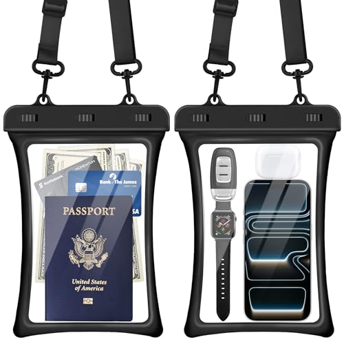 CACOE Floatable Waterproof Phone Pouch 2 Pack Up to 10.0", Black+Black | Floatable, IPX8 Waterproof Phone Case,Adjustable Lanyard,Dry Bags for Beach/Cruise/Travel/Camping/Kayak/Vacation Essentials - color: Black+Black, size: Up to 10.0"-Floatable