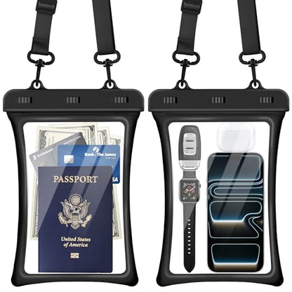 CACOE Floatable Waterproof Phone Pouch 2 Pack Up to 10.0", Black+Black | Floatable, IPX8 Waterproof Phone Case,Adjustable Lanyard,Dry Bags for Beach/Cruise/Travel/Camping/Kayak/Vacation Essentials - color: Black+Black, size: Up to 10.0"-Floatable