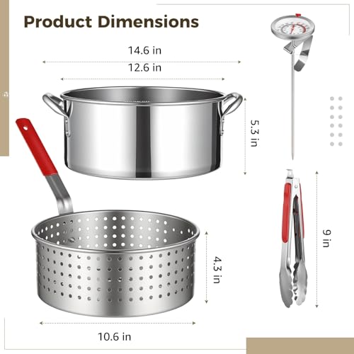 10 QT Stainless Steel Deep Fryer Pot with Basket Lid Tongs Thermometer, Fish Fryer Set for Propane and Gas Stoves, Not for Induction or Electric Cooktops