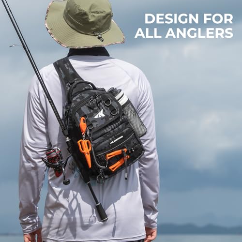 KastKing BaitSpace Fishing Sling Bag, Fishing Backpack with Rod & Beverage Holder, Tackle Bag for Fishing Gear - color: A: Black Camo, size: Standard