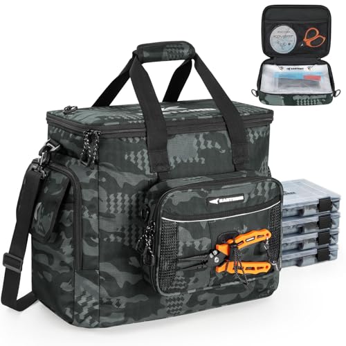 KastKing BaitSpace Fishing Tackle Bag With 4 Tackle Boxes & Removable Bait Binder, Water-Resistant Tackle Storage, Durable Fishing Gear, Adjustable Shoulder Strap - color: D: Black Camo, size: Large - 4*3600 Trays