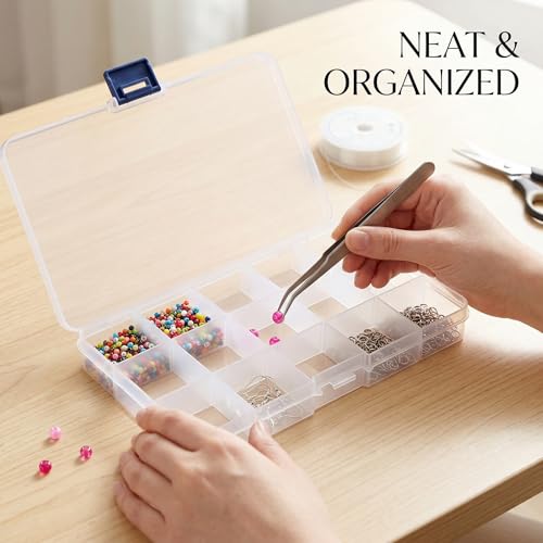 Fishing Tackle Box 15 Compartments Plastic Storage Tray With Removable Dividers, Blue Latch 17x10cm Clear Plastic Organizer Box For Storing Fishing Lures Hooks Jewelry Beads Small Hardware