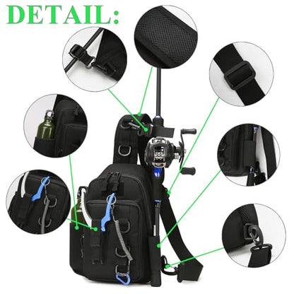 Fishing Sling Bag - Small Fishing Tackle Storage Bags with Rod Holder((Black) - color: Black