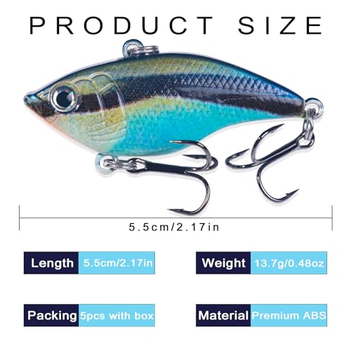Lipless Crankbait Rattling Fishing Lures – 5 Pack Hard Baits with Steel Balls & Sharp Treble Hooks for Bass, Trout, Walleye, Pike, Redfish, Freshwater & Saltwater, with Box
