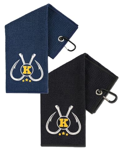 Embroidered Fishing Towels with Clip, Personalized Microfiber Towel Accessories for Fishing Lovers, 16x16 Inches, Pack of 2, Initial K - color: K