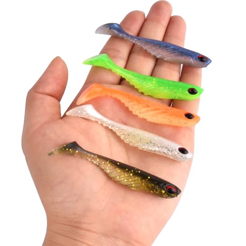 50pcs Paddle Tail Swim Baits Ripple Shad Fishing Soft Bait Power Bait Fishing Soft Plastic Lures for Saltwater Freshwater Fishing