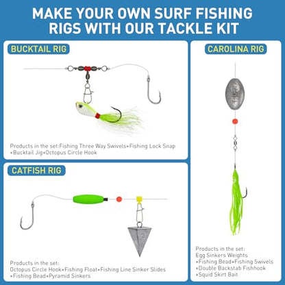 THKFISH Surf Fishing Tackle Kit, Saltwater Gear Set Saltwater Fishing Lures Fishing Bait Rigs Crankbait Spoon Bucktail Jigs Pyramid Sinkers Fishing Hooks Swivels,Perfect Fisherman's Gift