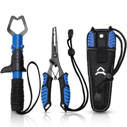 RoundFunny Fish Lip Gripper Pliers, Combo Fishing Tool Kit Stainless Steel Multifunction Hook Remover, Split Ring Pliers with Lanyards Sheath for Fly, Easter Fishing Basket Gift Gear Men Women - color: Blue