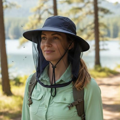 Mosquito Fishing Safari Mesh Net Hat with Neck Flap, Sun Protection Women Men Bug Cap, Hidden Netting Boonie - color: Navy