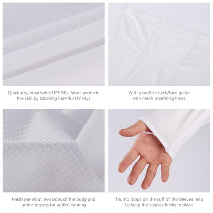 BASSDASH UPF 50+ Men’s Long Sleeve Fishing Shirt with Mask UV Neck Gaiter Hoodie - color: White, size: Small