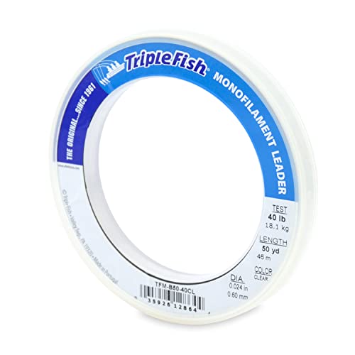 Triple Fish Monofilament Fishing Leader - Clear, Camo Strong Tough Leader Material for Big Game Fishing, Up to 400lb Test - color: Clear, style: 40 Lb Test, 0.60 Mm Dia, 50 Yd